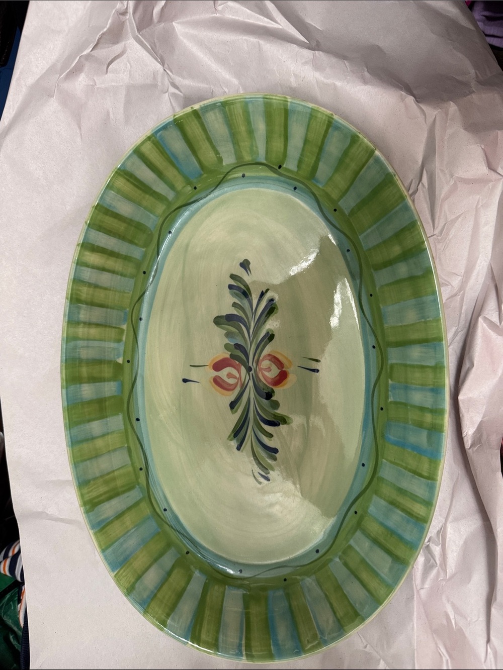 Hand-Painted Green Oval Ceramic Serving Platter - Decorative Home Art